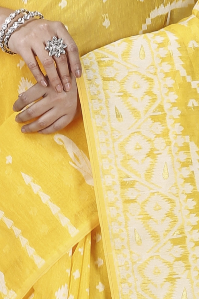 Yellow Blended Cotton Jaya Jamdani Saree (1103)